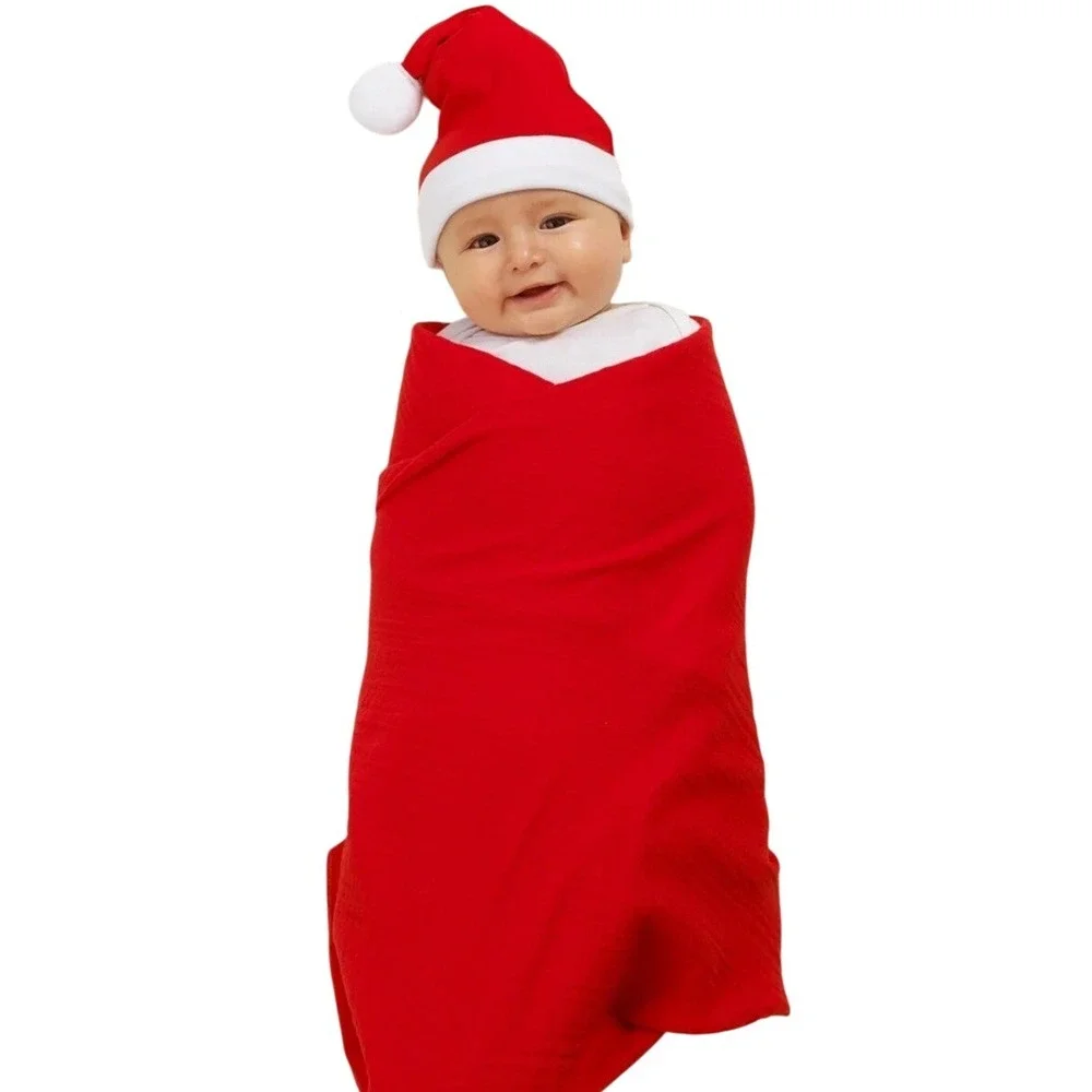 Parent's Choice Red Muslin Swaddle and Beanie Set Baby Christmas Holiday‎